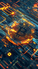 Poster - Bitcoin glowing on a futuristic circuit board, suggesting the integration of cryptocurrency into technological infrastructure