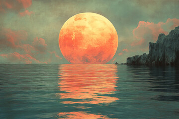 Wall Mural - Orange Moon Rising Over Calm Ocean And Rocks