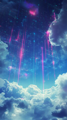 Fototapete - Luminous pink and cyan light rays piercing through brooding cloudscape, casting ethereal glow
