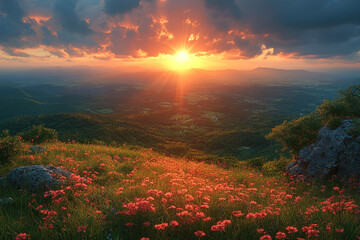 Wall Mural - Majestic Sunset Over Mountain Meadow Wildflowers