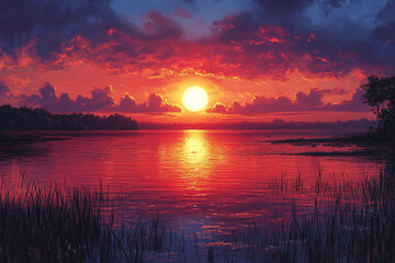 Wall Mural - Fiery Sunset Over Calm Lake Water And Trees