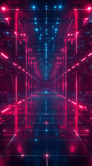 Aufkleber - Glowing neon lights creating a vibrant, futuristic atmosphere in a long corridor with a reflective tiled floor