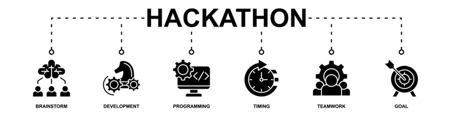 hackathon banner web icon vector illustration concept with icon of brainstorm, development, programming, timing, teamwork, goal