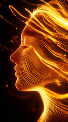 Poster - Glimmering digital particles morphing into female silhouette, symbolizing AI, data visualization, machine learning convergence