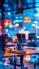Poster - Empty desks in a modern office at night with computers and laptops, illuminated by colorful bokeh lights