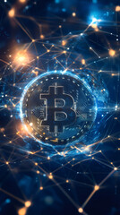 Aufkleber - Cryptocurrency bitcoin symbol glowing over digital world map, network connections creating futuristic global communication sphere