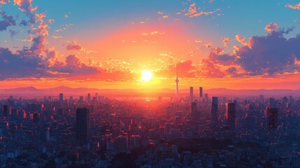 Wall Mural - Vibrant sunset over a sprawling city skyline with clouds reflecting warm hues and distant mountains