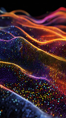 Fototapete - Abstract colorful particle wave flowing on black background representing data transmission or big data visualization