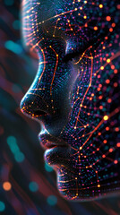 Leinwandbilder - Digital face emerging from glowing interconnected dots, symbolizing artificial intelligence, machine learning, and neural network technology