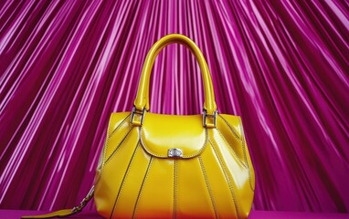 Wall Mural - Modern structured handbag in mustard yellow displayed on a bold fuchsia background