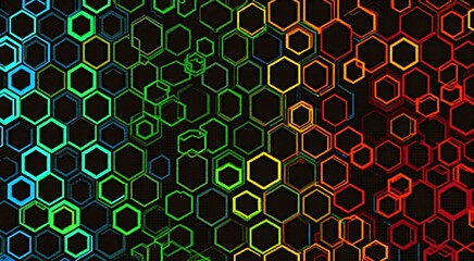 Wall Mural - A colorful hexagonal pattern with a black background. The colors are bright and vibrant, creating a lively and energetic mood. The pattern is made up of many small hexagons. Overall
