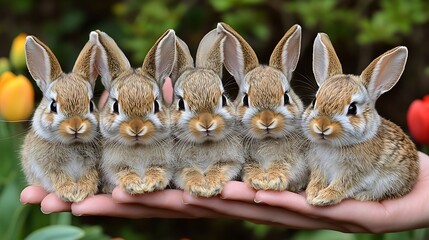 Wall Mural - A bunny costume with soft white fur and a fluffy tail, set against a spring garden of vibrant tulips