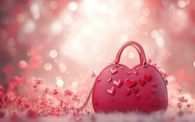 Wall Mural - Romantic red handbag with heart-shaped details displayed on a soft dreamy background