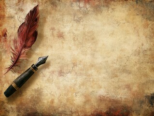 Wall Mural - An antique background featuring a feather quill and ink pen, ideal for writing or invitations.