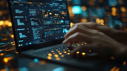 Night Coding: Hands Typing on Laptop with Futuristic Interface
