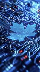 Poster - Glowing canadian maple leaf integrated in a futuristic circuit board, symbolizing technological innovation and global connectivity