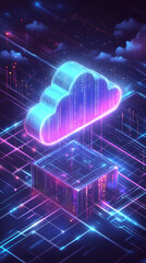 Poster - Glowing cloud computing transferring data to server with binary code, futuristic digital technology and abstract background