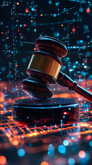 Aufkleber - Judge gavel hitting the block on digital futuristic background, concept of online justice and metaverse law