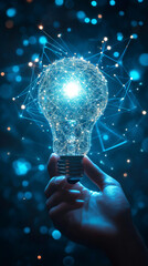 Aufkleber - Glowing polygonal light bulb held by hand, representing innovative thinking and technological creativity