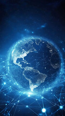 Leinwandbilder - Global digital network linking continents, showcasing interconnected world map glowing against starry cosmic background
