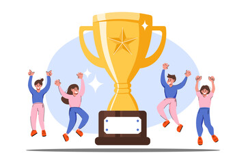 teamwork celebrates their success joyfully around a large golden trophy symbolizing victory and achi