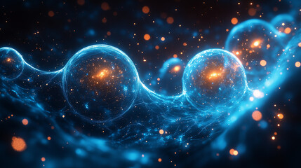 Wall Mural - a rhythmic arrangement of glowing spheres with bright highlights reflected in a deep blue space.