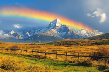 Wall Mural - Majestic Mountain Range with a Vibrant Rainbow Arcing Overhead