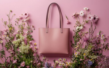 Wall Mural - Sleek tote bag in dusty rose with blooming wildflowers arranged beautifully around it