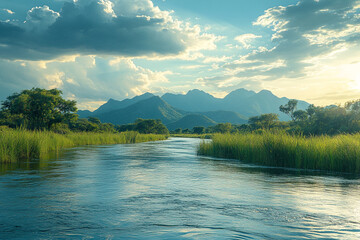 Wall Mural - Serene River Flows Through Lush Green Valley Towards Majestic Mountains