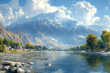 Wall Mural - Majestic Mountain River Village Scenic Landscape