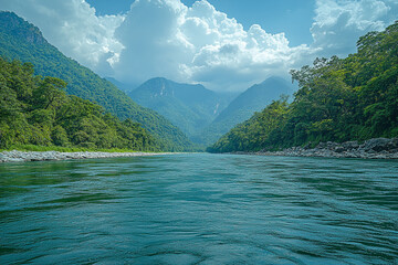 Poster - Serene River Flows Through Lush Green Mountain Valley