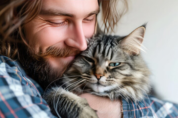 Canvas Print - closeup man hugging dog on white background