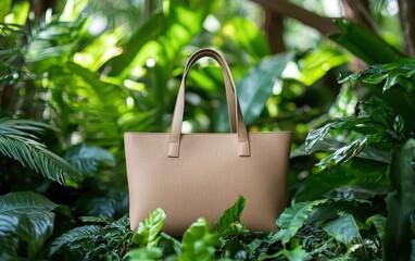 Wall Mural - Stylish tote in warm taupe placed in a natural setting with green foliage in the background