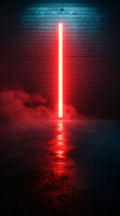Aufkleber - Red neon light reflecting on wet floor in a dark smoky room with brick wall, perfect for backgrounds