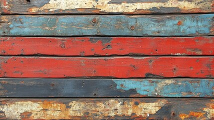 Weathered wooden planks in red, blue, and natural tones, showcasing rustic charm and texture