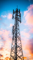 Aufkleber - Communication tower rising against golden sunset, representing global connectivity and technological advancement