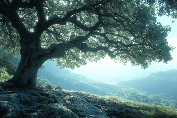 Wall Mural - Majestic Oak Tree Overlooking Serene Valley Landscape