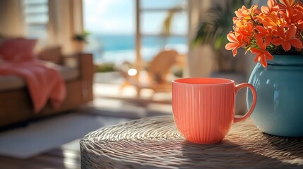 Wall Mural - A cup of coffee sits on a table next to a vase of flowers