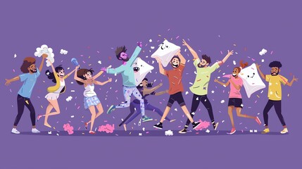 Canvas Print - a group of friends are having a fun pillow fight.