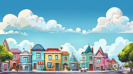 Canvas Print - a colorful cartoon illustration of a residential street.