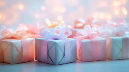 Wall Mural - Pastel gift boxes with ribbons and bokeh lights.