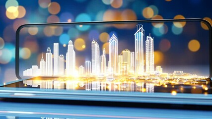 Cityscape on Screen: A modern smartphone displays a vibrant, glowing cityscape, symbolizing urban life, technology, and connectivity. The bokeh background adds a touch of magic and wonder. 