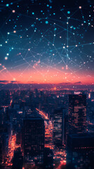 Leinwandbilder - Glowing urban skyline revealing interconnected digital network, symbolizing technological connectivity during golden hour twilight