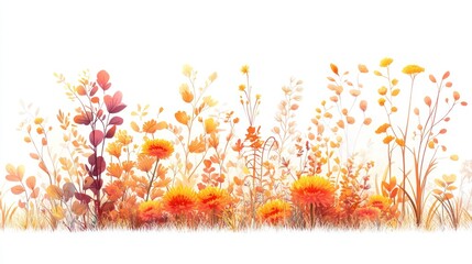 Poster - Autumnal meadow with orange flowers and grasses.