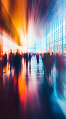 Fototapete - Business professionals hurrying across sleek corporate lobby, motion-blurred silhouettes suggesting workplace energy and professional momentum