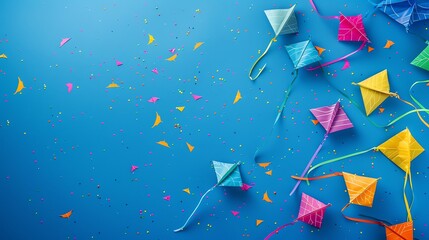 Canvas Print - colorful paper kites on a blue background with confetti.