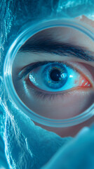 Poster - Close-up of scientist eye looking through petri dish during medical research in laboratory, science and medicine concept
