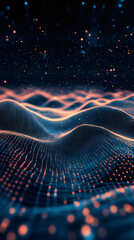 Aufkleber - Digital particles swirling across dark wireframe landscape, representing technological complexity and futuristic network connectivity