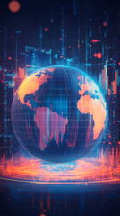 Poster - Digital world with planet Earth rotating and futuristic grid and bar graphs showing global market trends, big data, and international business