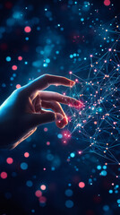 Poster - Hand touching digital network connection, symbolizing technological innovation, data flow, and global communication in the digital age